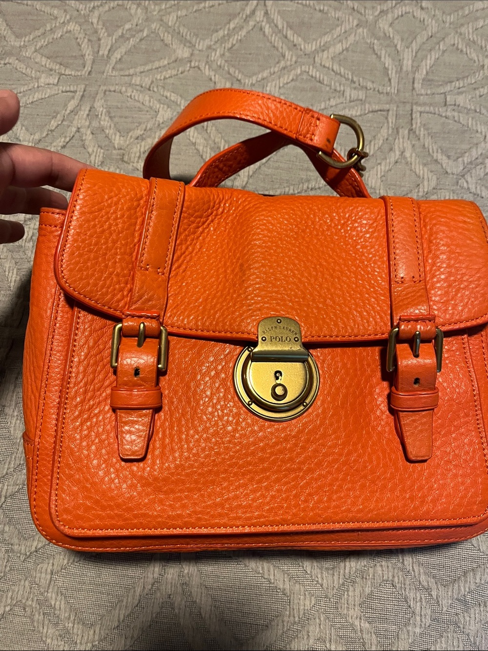 Polo by Ralph Lauren Bright Orange Pebbled Leather Satchel with Gold Hardware